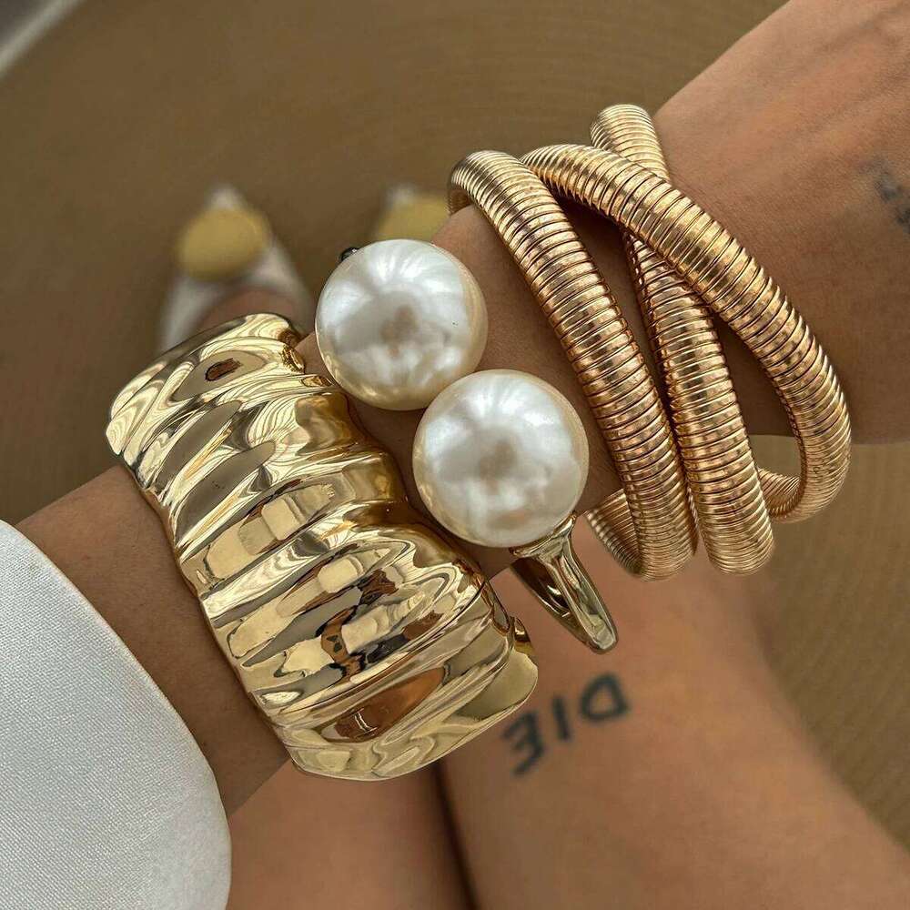 Ingemark Exaggerated Big Imitation Pearl Open Cuff Bangles for Women Hip Hop Geometric Wide Spring Bracelets Men Jewelry Gift