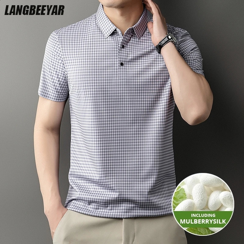 2025 Top Grade Mulberry Silk Antiwrinkle Summer Polo Shirt Short Sleeve Casual Tops Fashions Checkered Mens Clothes 260604BANJIA