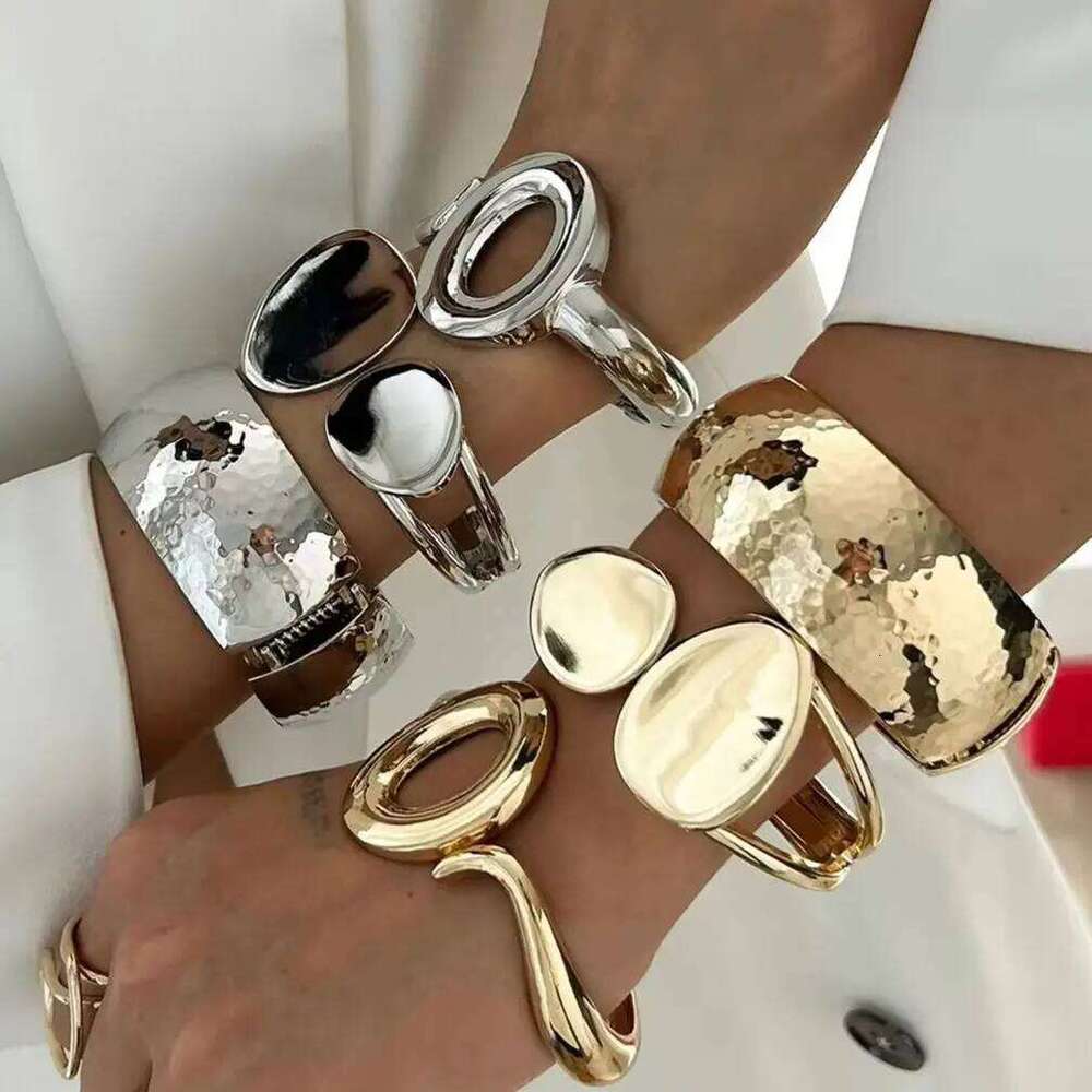 Ingemark Exaggerated Vintage Metal Wide Cuff Gold Color Geometric Hip Hop Bangles For Women Men Aesthetics Jewelry Gift