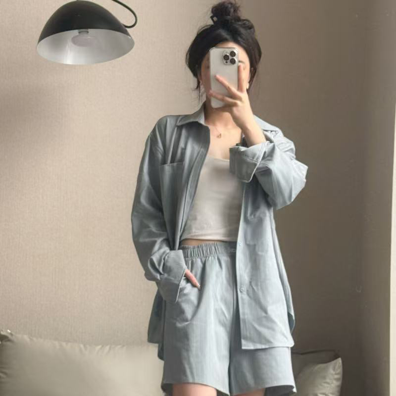 Women Dreamscape Button Down Long Sleeve Shirt & Shorts Set, Lightweight Breathable Loose 2 Piece Street Outdoor Matching Outfit-image-1109277424