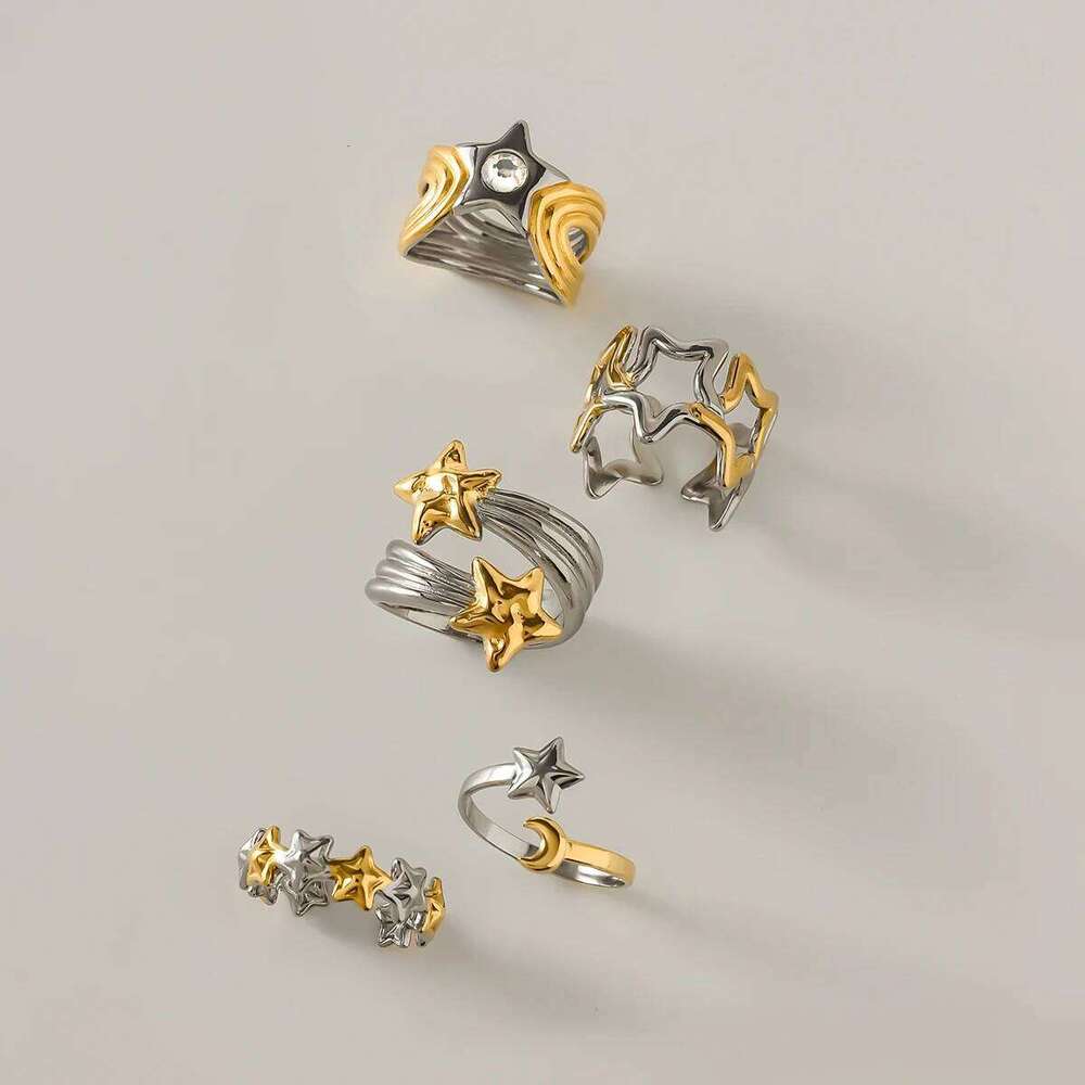 Uworld Minimalist 18K Gold Color Plated Stainless Steel Two tone Hollow Star Ring Women Personalized Jewelry Party Gift