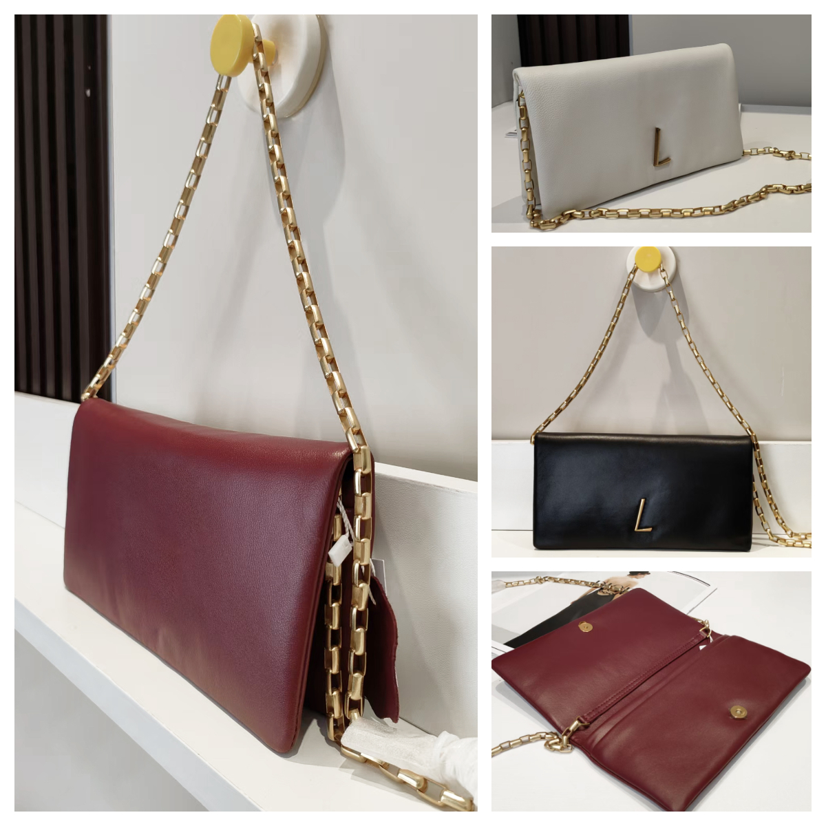 Chunky Rectangular Gold Chain Shoulder bag Designer Luxury Evening Party bag Wallet with Chain Phone bag Smooth Leather Pouch Clutch Mini Crossbody