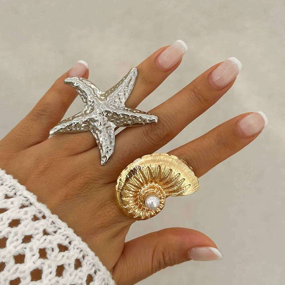 Exaggerated Big Starfish Conch Gold Color Rings Women Boho Creative Irregular Geometric Couple Ring Wed Jewelry Men New