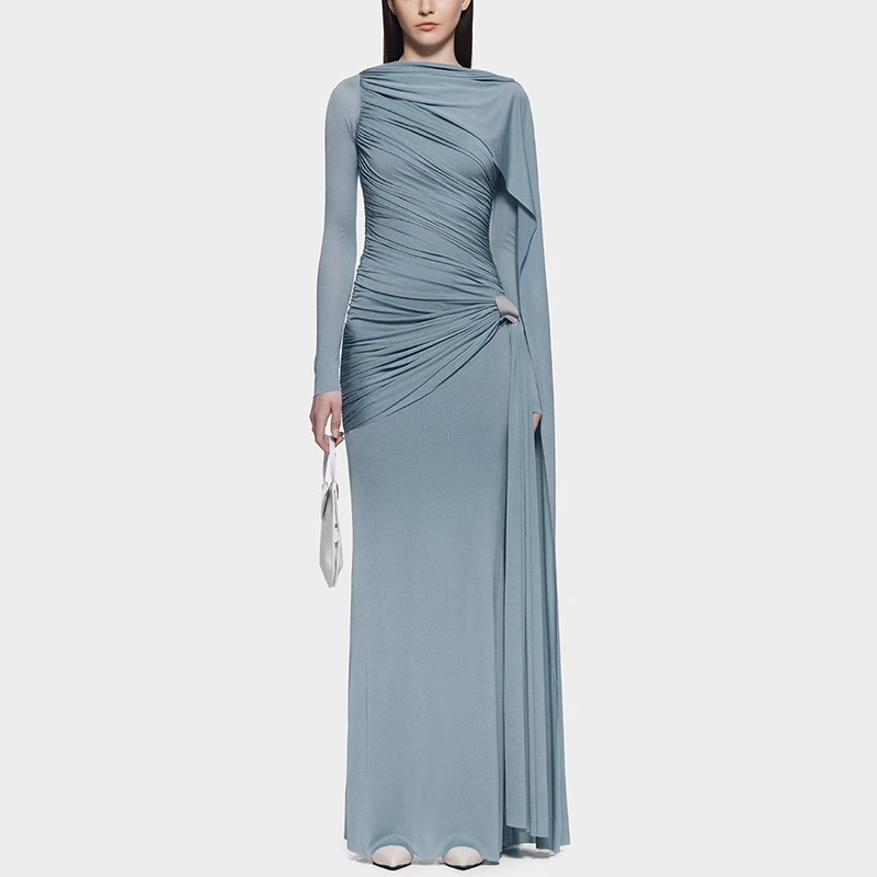 Élégante couleur unie irrégulière longue robe de soirée femmes taille ajustée plissée Streamer Design robe de tempérament pour le début de l'auto