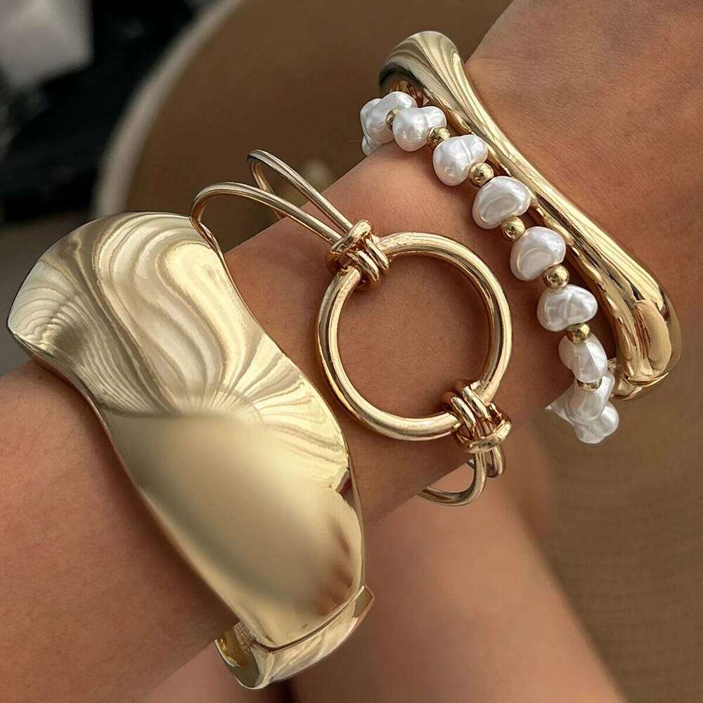 Ingemark Exaggerated Trendy Imitation Pearl Chain Bracelet for Women Punk Irregular Geometric Smooth Spring Bangles Men Jewelry