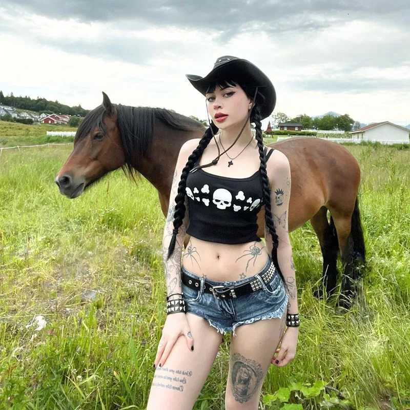 Emo Tank 2000s Girl Women Corset Top Y2k Aesthetic Skull Print Clothes Vintage Punk Gothic Camisole Top Grunge Baby Tee Crop Top X260606