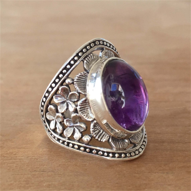 925 Sterling Silver Plated Amethyst Ring Hand Carved Border Flower Ring Oval big gem Cut Single Stone Ring Eternal Anniversary Wedding Ring Women�