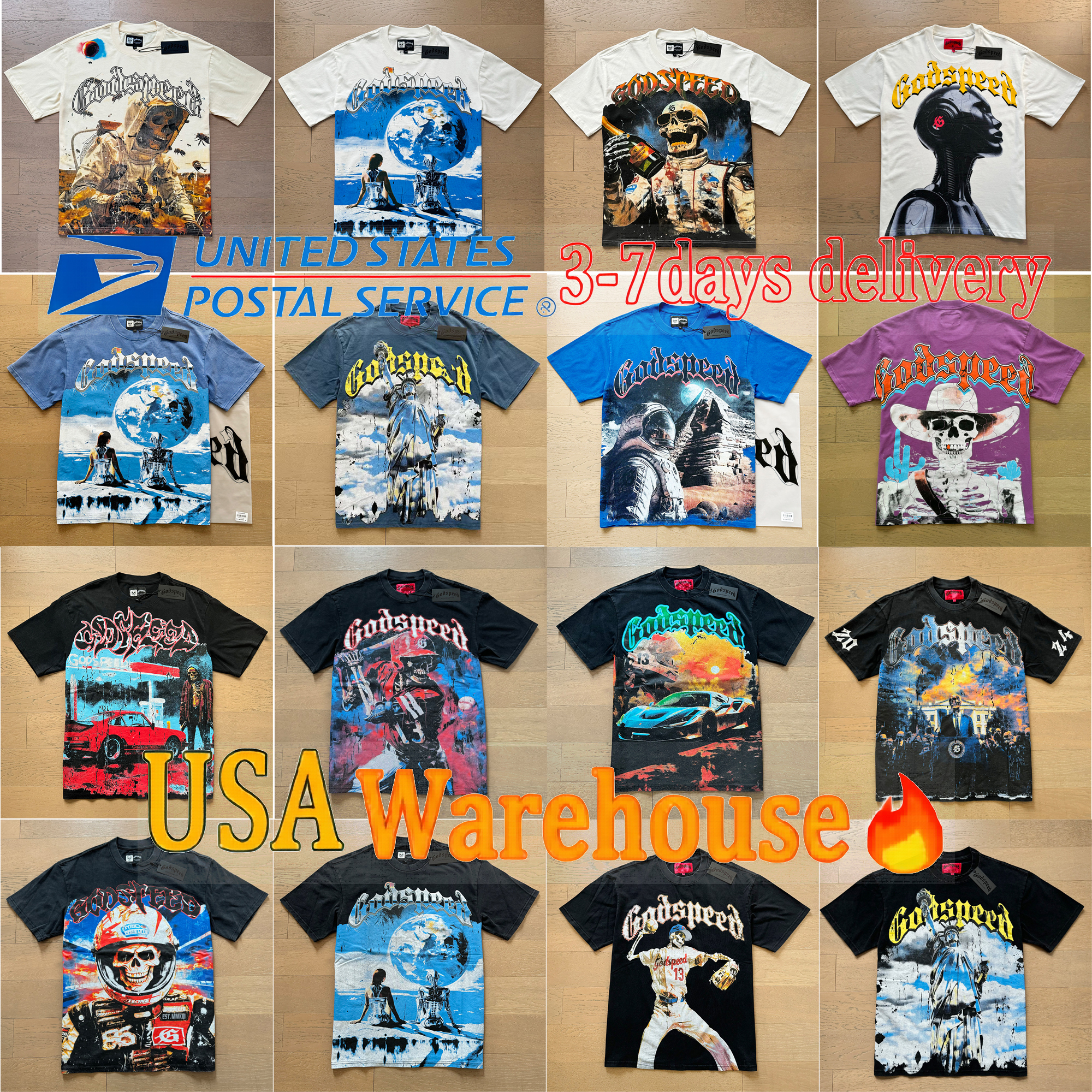 god speedshirt designer t shirt classic graphic tee mens shirt Vintage printed skull short sleeve wash water to make old cotton short sleeve Whol-image-890845339