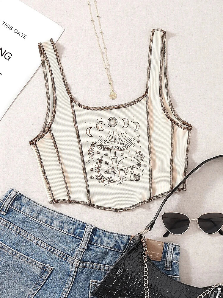 2000s Y2K Clothes High Street Plant Print Graphic Tank Top for Women Summer Grunge Sleeveless Square Neck Crop Top Streetwear 260603