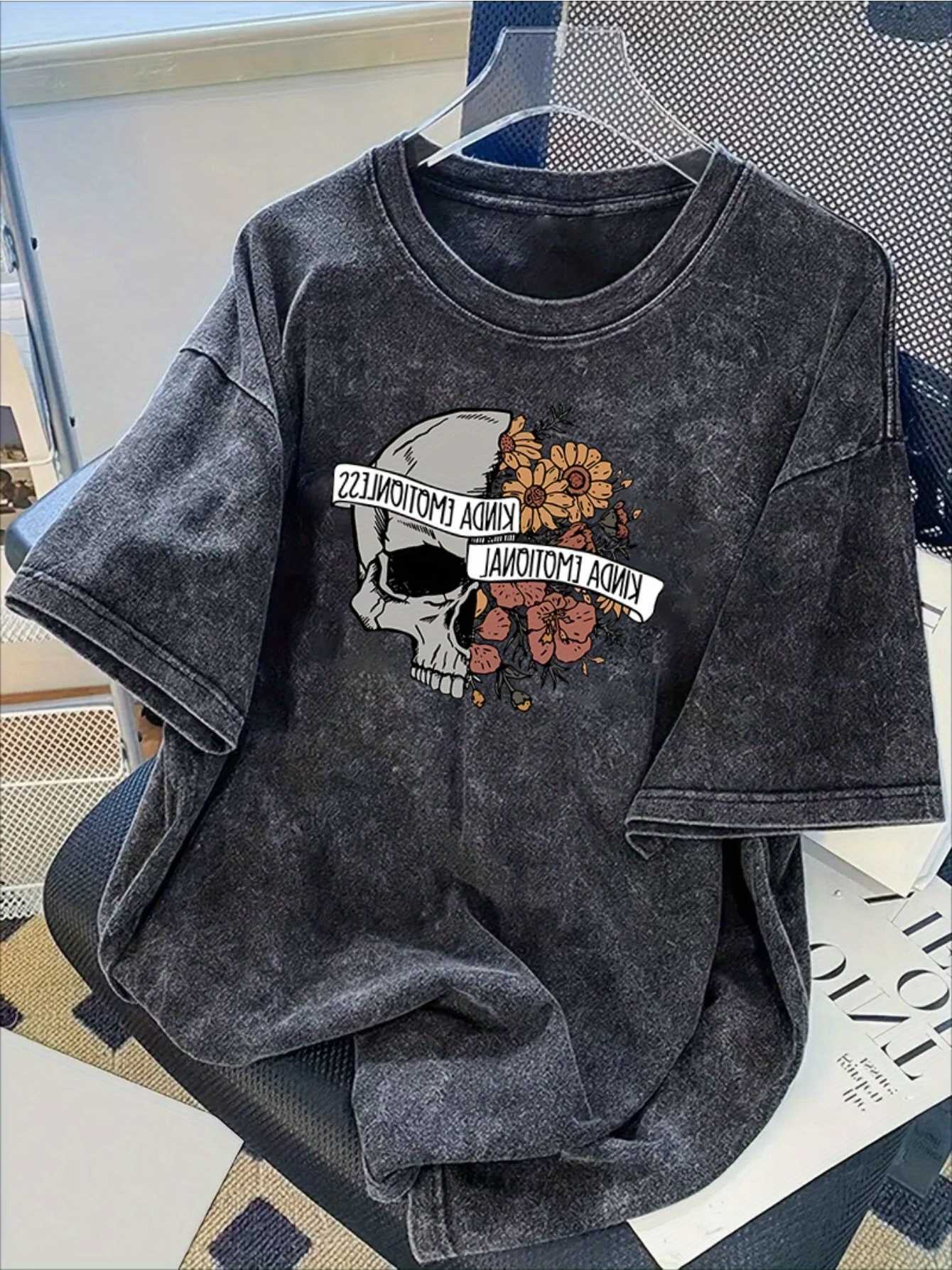 Casual Summer Mens 100 Cotton Vintage Washed Pattern T-shirt Distressed Trendy American-style Fashion Versatile Sport Shirt D260606