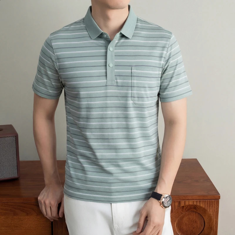 Light y striped short sleeve mens polo shirt ice silk breathable summer fashion comfort pocket casual highend Tshirt 260604BANJIA