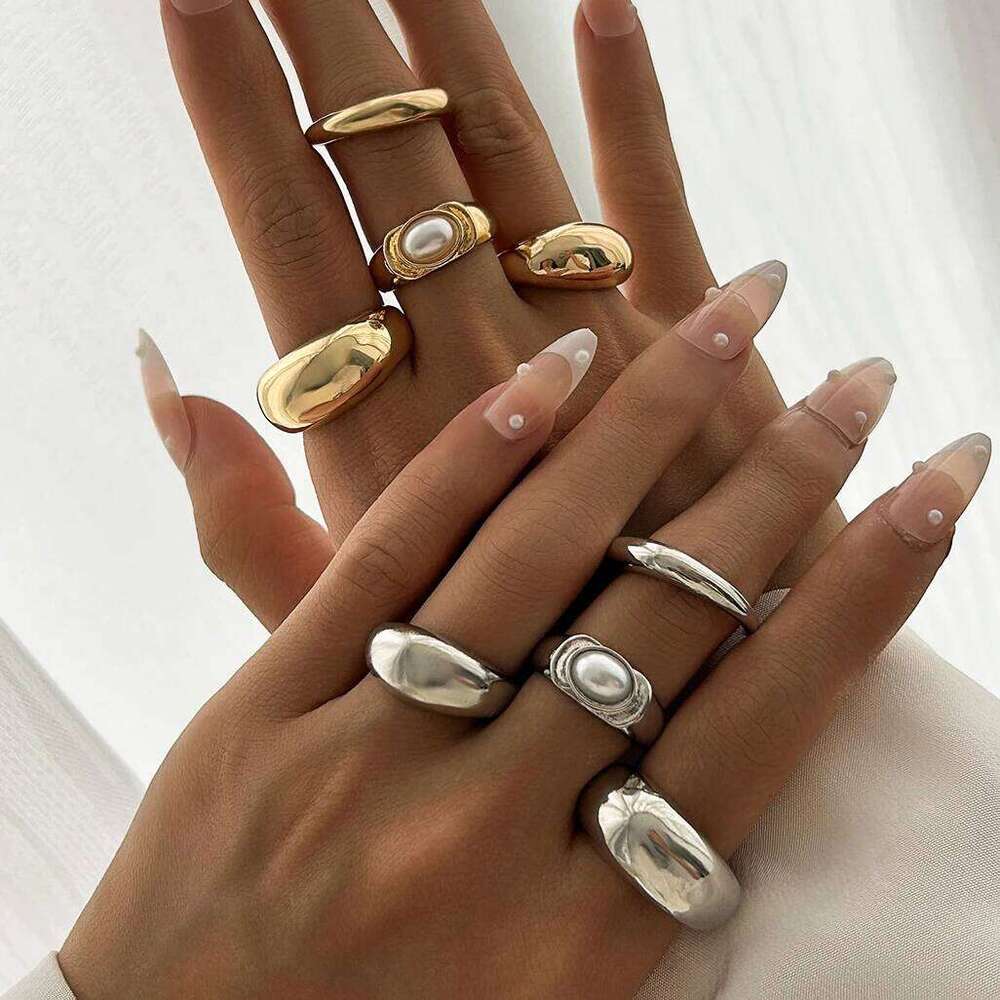 Ingemark 4Pcs/Set Stylish Simple Smooth Geometric for Women Men Bohemia Exquisite Imitation Pearl Rings New Year Jewelry