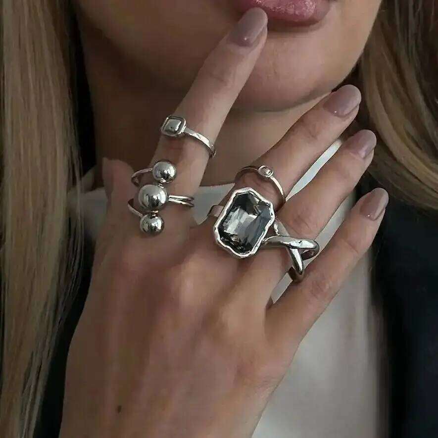 Ingemark 5Pcs/Set Fashion Acrylic Rhinestone Open Rings for Women Vintage Geometric Square Adjustable Knuckle Ring Men Jewelry