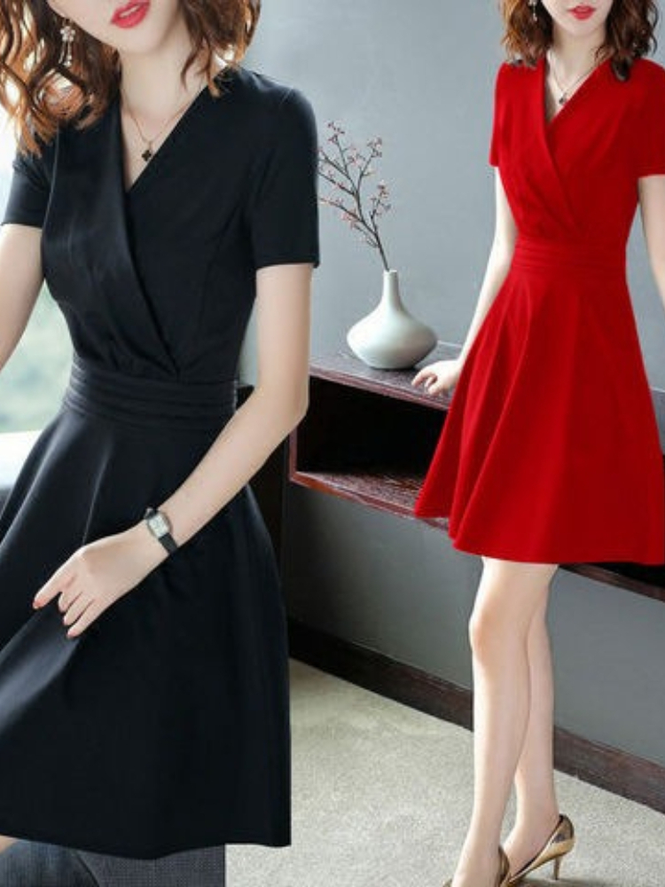(369) New dress for early spring, V-neck, short sleeve, medium length, slim fit, small black dress, solid color