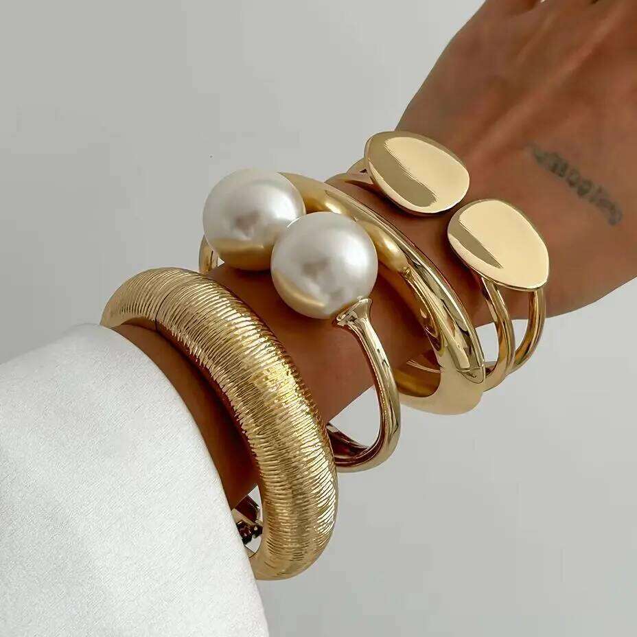 Ingemark 8 Styles Vintage Creative Gold Color Geometric Women Men Large Imitation Pearl Wide Cuff Bangles Jewelry Gift