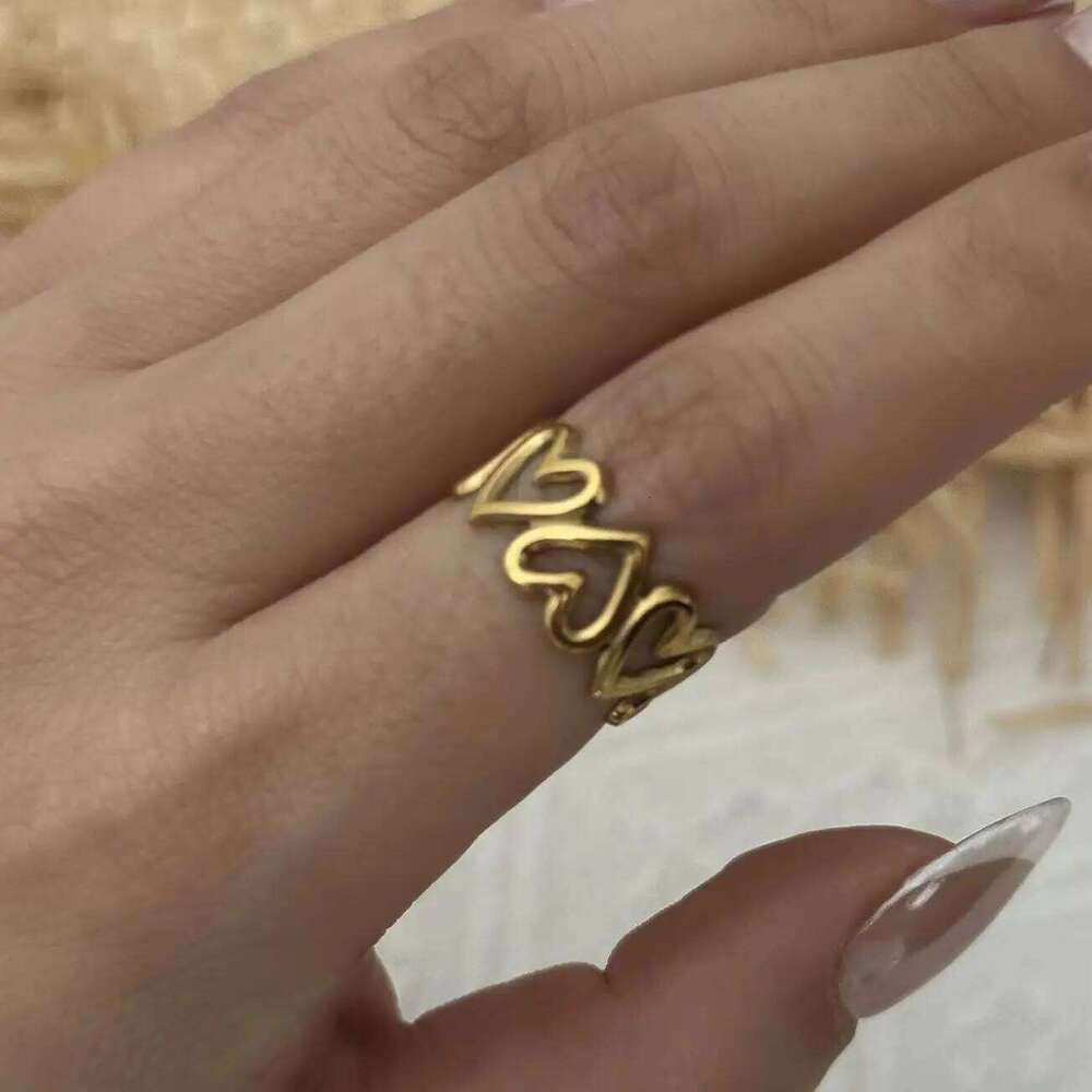 Stainless Steel Gold Color Love Heart Ring Set For Women Hollow Flower Geometric Finger Rings Party Vacation Waterproof Jewelry