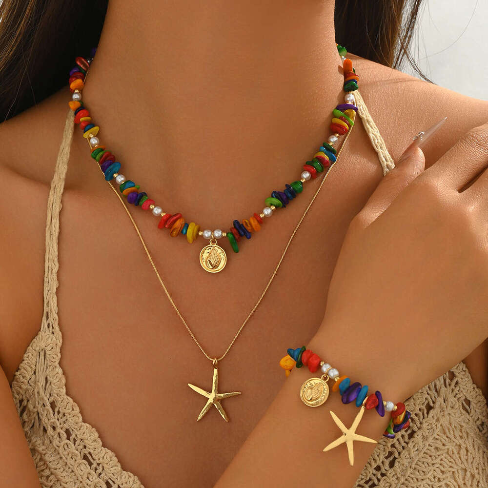 Bohemian Ocean Style Jewelry Set for Women - Colorful Natural Stone Beaded Necklace & Starfish Bracelet, Double Layer Gold Plated Summer Accessories