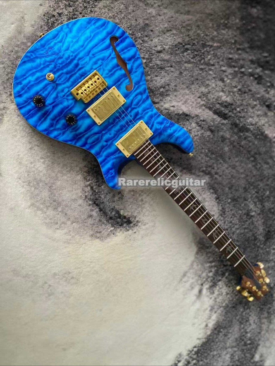 Custom Blue Single F-hole Semi-hollow Electric Guitar, Gold Hardware, Abalone Fingerboard Inlays