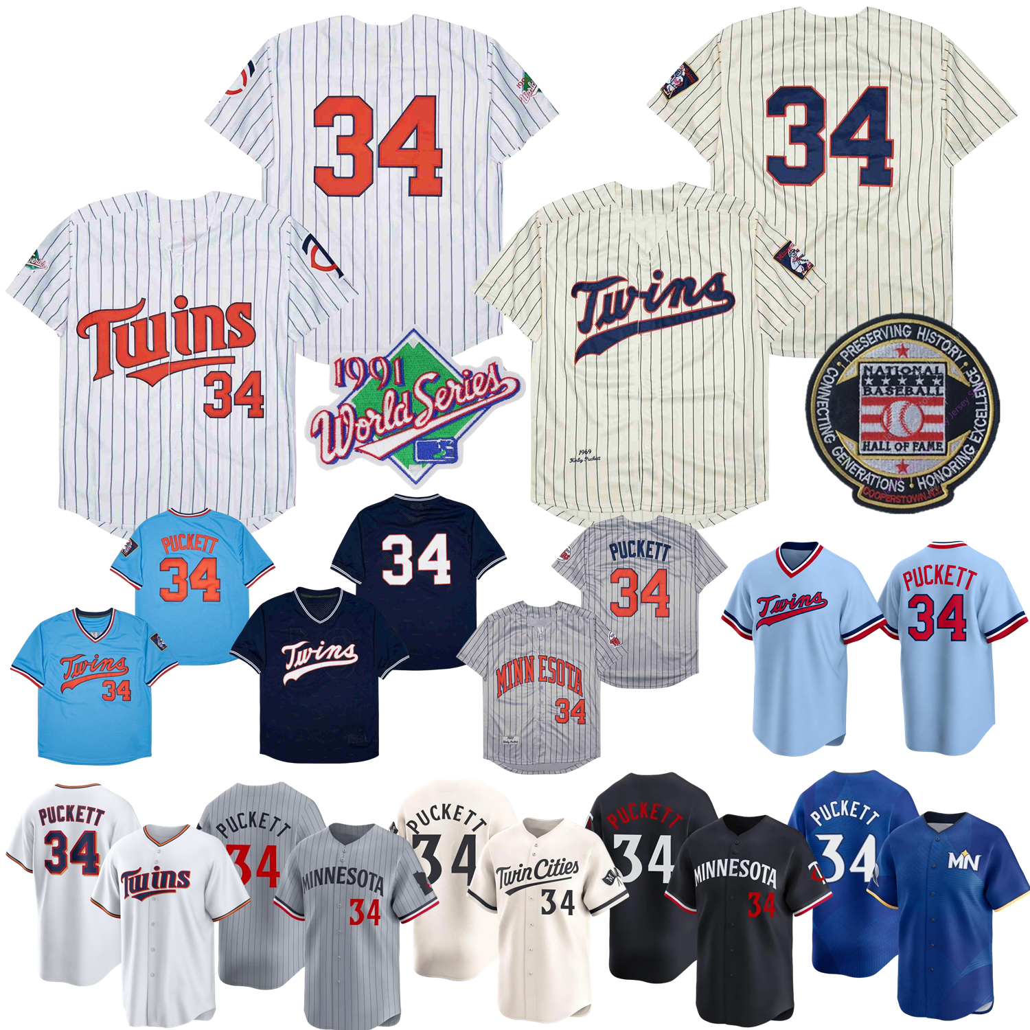 34 Kirby Puckett Jersey Vintage 1969 Cream Pinstripe 1987 Grey 1991 White City Navy BP Mesh Pullover Baby Blue Fans Hall Of Fame Patch