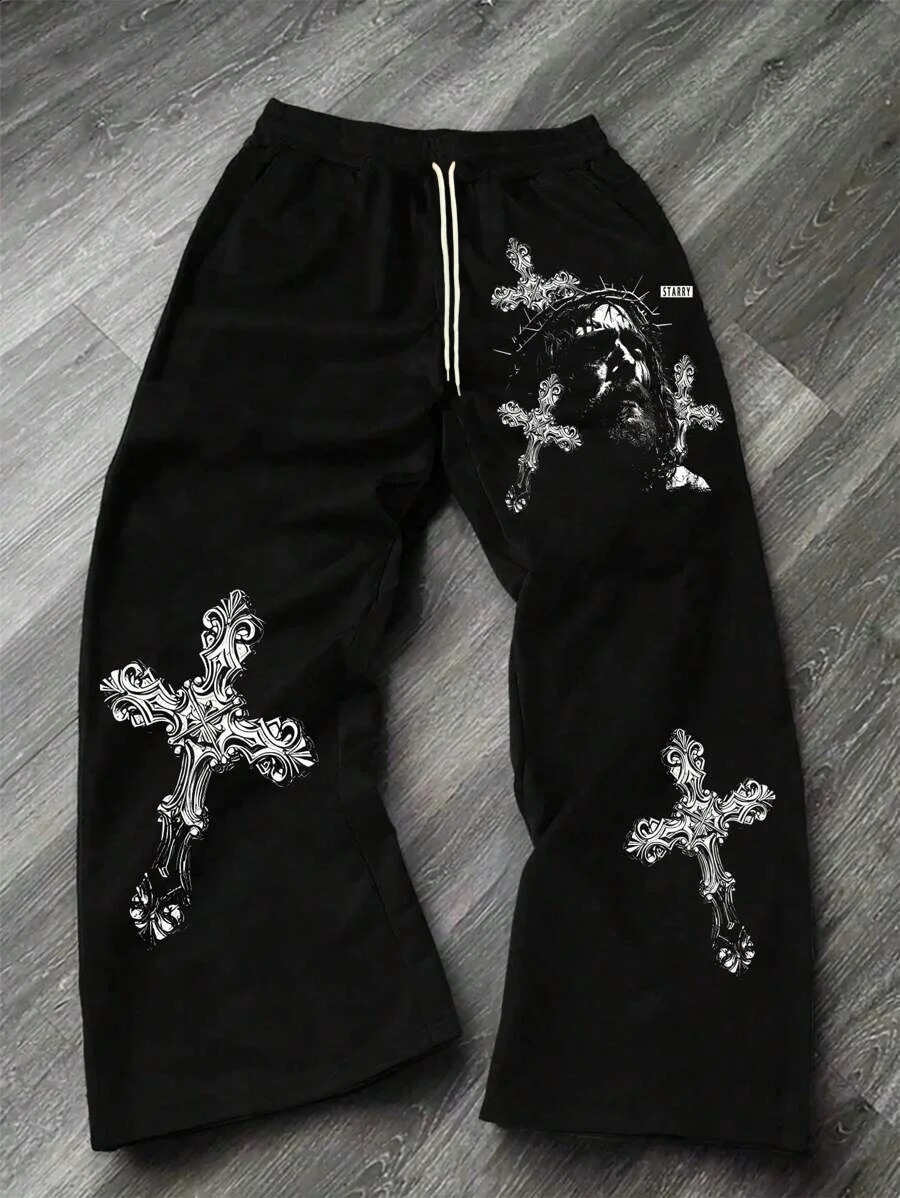 2026 Summer Trend Mens Loose Quick Dry Pants Black Gothic Cross Jesus Print Hip Hop Street Fashion Trousers for Daily Wear 260604bj