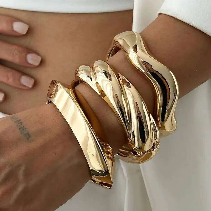 Lacteo 3 Styles New Fashion Geometric Wavy Open Cuff Punk Gold Color Smooth Spring Bangles for Women Hand Bracelets Men