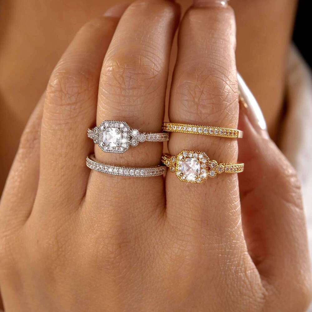 2pcs Exquisite Square Geometric Couple Rings Set For Women Men Lover Luxury Cubic Zircon Finger Ring Party Dating Charm Jewelry