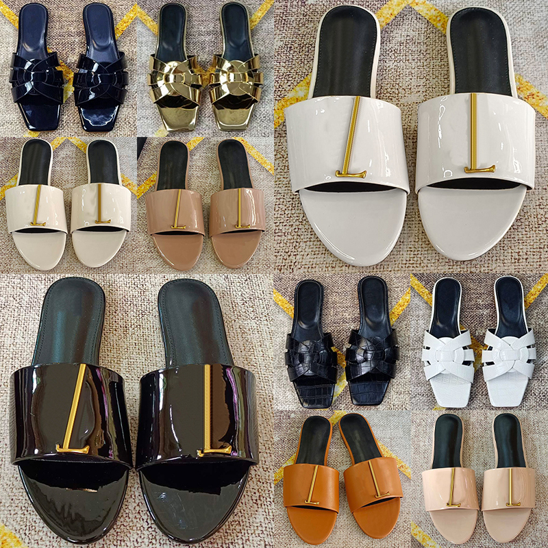 free shipping sandals famous black Silver patent leather slide flat sandal womens flats ourdoor shoes yslsandle yslslides designer women slides luxu