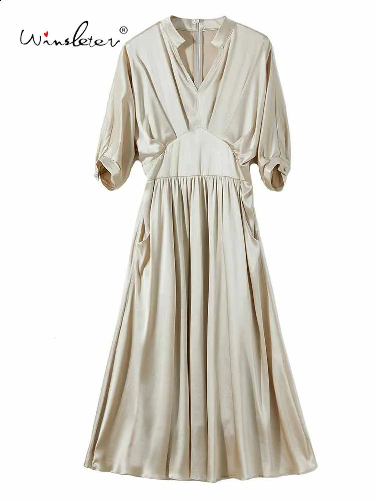 WinsleterWomen 19MM 923 Silk Elegant Dress V Neck Half Sleeve Solid Office Lady Fashion Dresses 2025 Summer D57539CC 260604BANJIA
