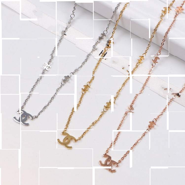 45cm Luxury designer branded CNC Woman girl double chain C 18K rose gold silver letter pendant choke necklace elegant 316L stainless steel logo engr
