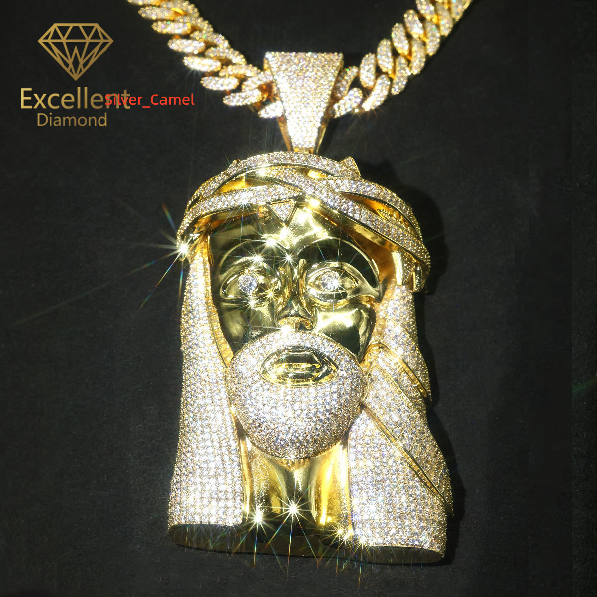 S925 Sterling Silver Gold Plated Moissanite Men Cuban Link Chain Pendant Hip Hop Jewelry Custom GRA Certified Jesus Pendant