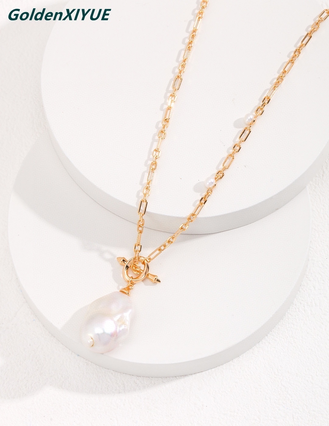 S925 Sterling Silver Baroque Pearl Long Necklace Gold-Plated T Bar Clasp Chain Natural Irregular Jewelry Statement Necklace