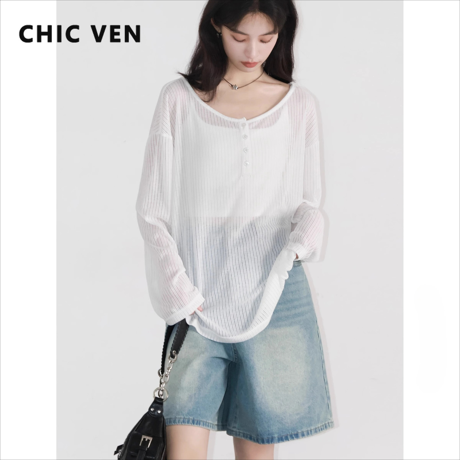 CHIC VEN Women T-Shirts Casual Loose Slightly Transparent O Neck Female Top Thin Sun Protection Tees Spring Summer 260604