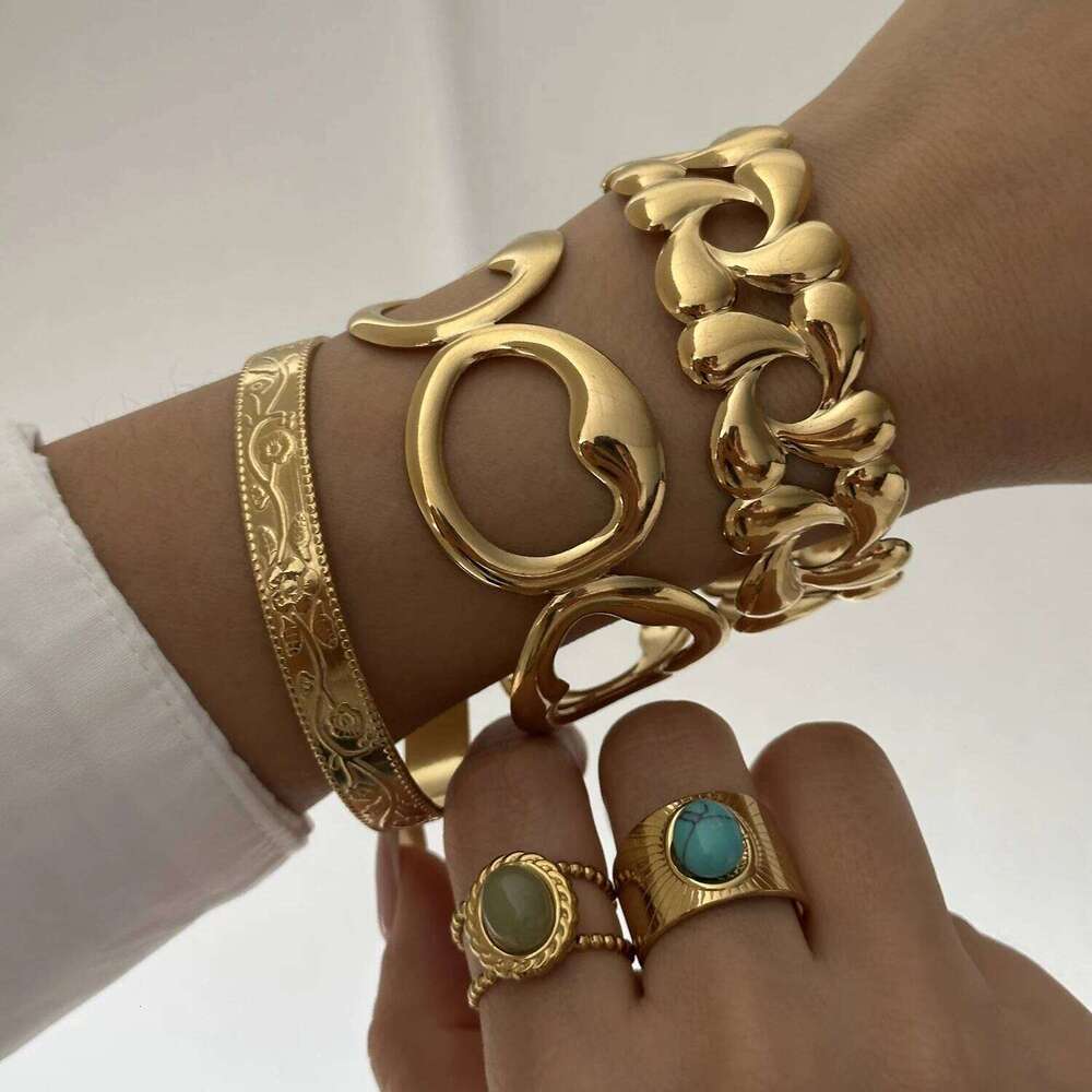 Vintage Stainless Steel Flower Cuff Bracelets for Women Men Irregular Geometric Waterdrop Metal Open Bangle Party Jewelry