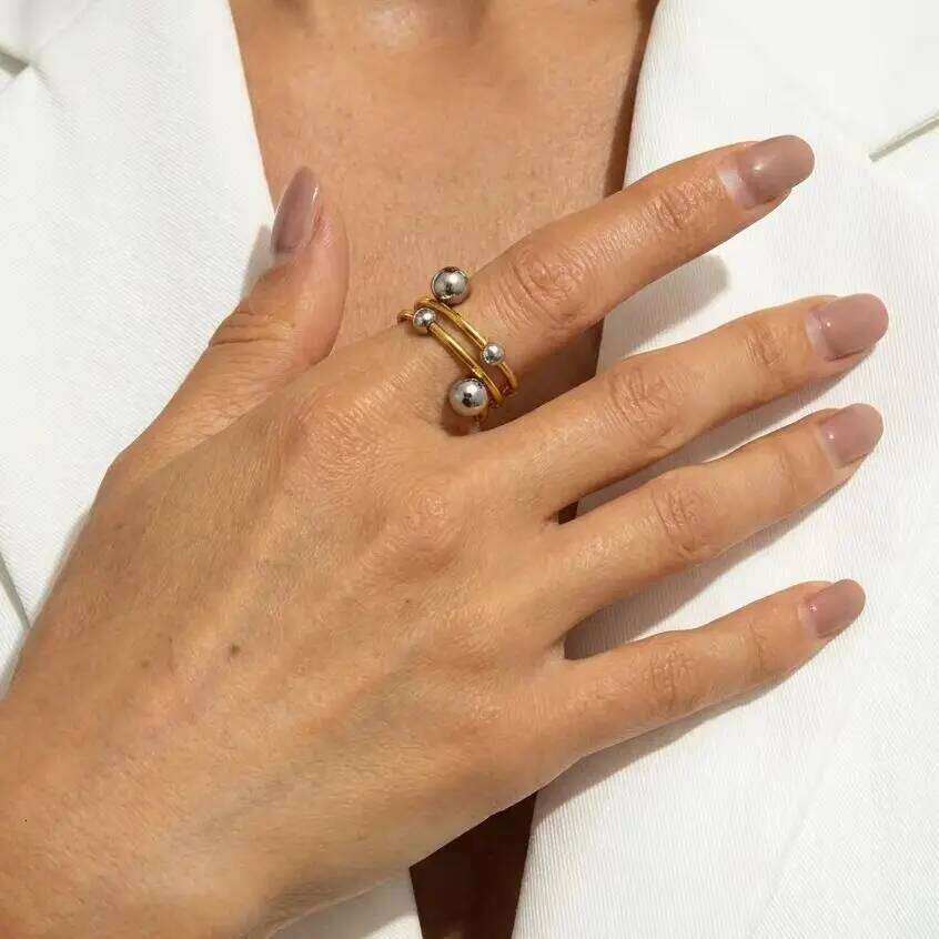 Minimalist Two Tone Line Ball for Women Men Stainless Steel Irregular Geometric Hollow Rings Personality Jewelry Gifts