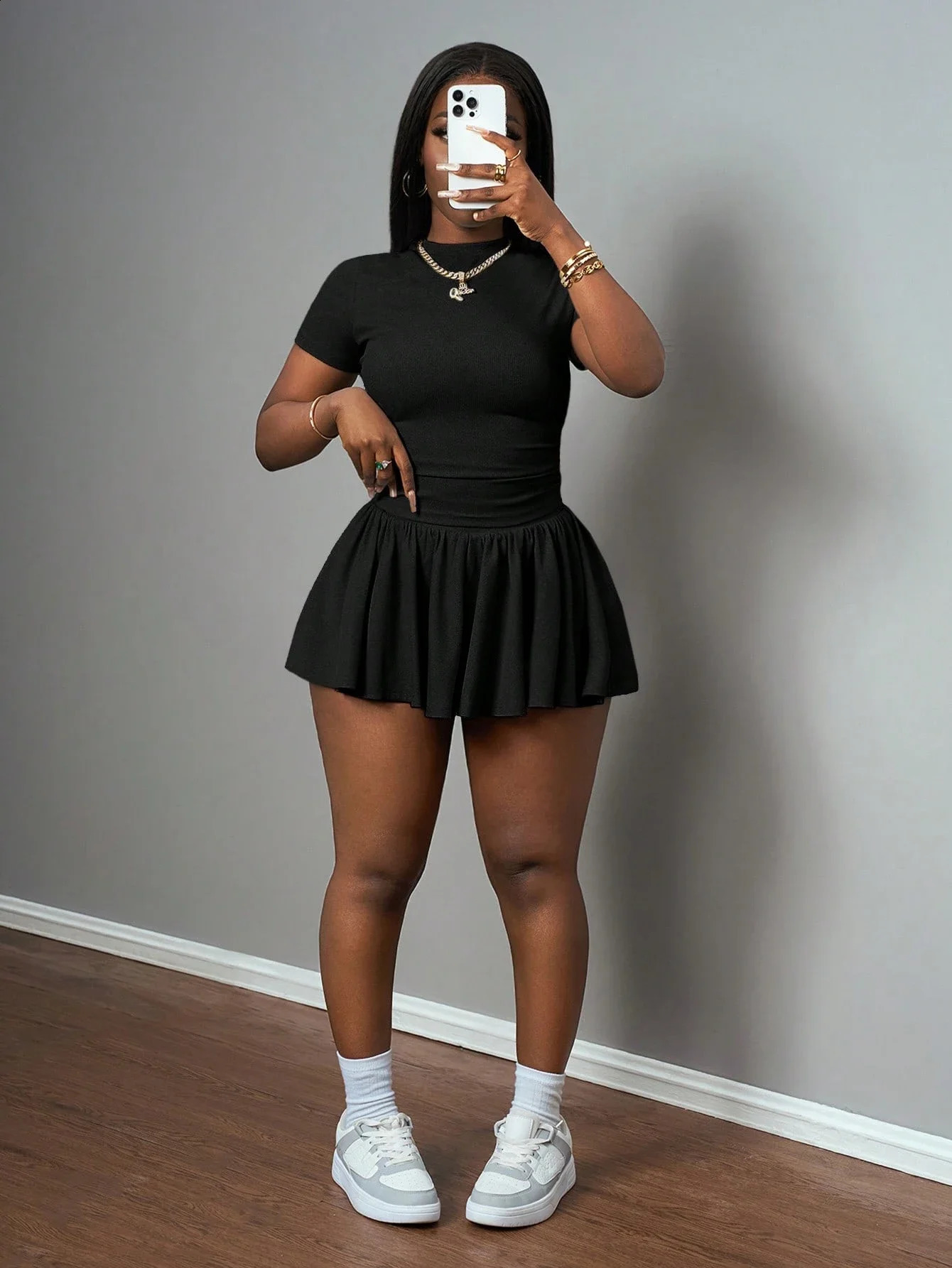 Black Y2K-Inspired Ribbed Knit Crop Top And Flared Pleated Mini Skirt Set Short Sleeve Round Neck Casual Sporty Two-Piece 260605