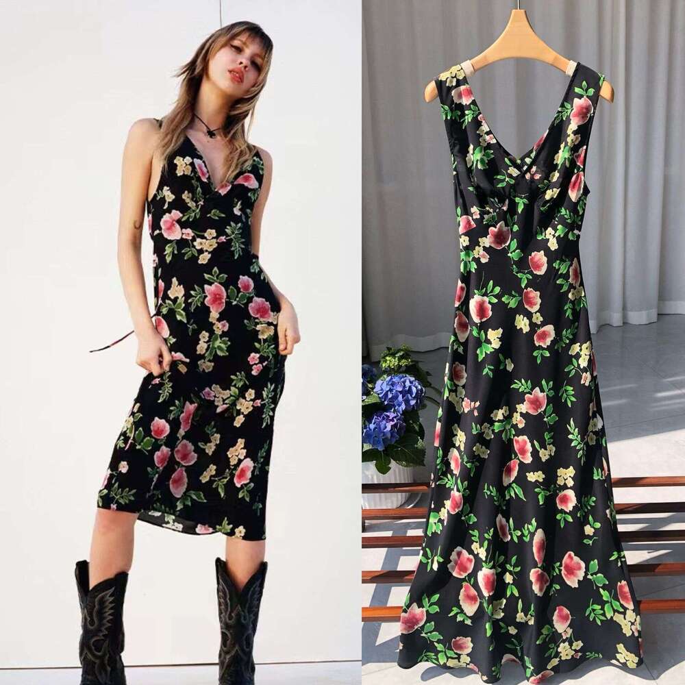 Women Deep V Neck Sand Washed Silk Crepe De Chine Black Dress Peach Blossom Print Bias Cut Sleeveless Elegant MAKOUFEI