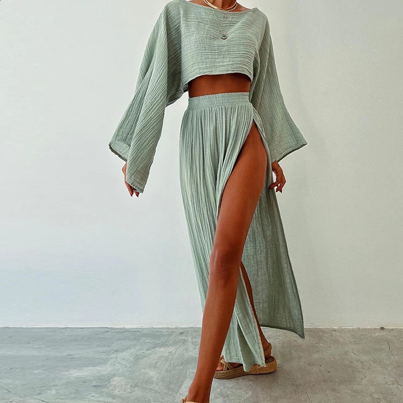 Casual Solid Cotton Linen 2 Piece Sets Spring O Neck Crop Top High Waist Slit Women Skirt Outfit Summer Flare Sleeve Hollow Suit 260603