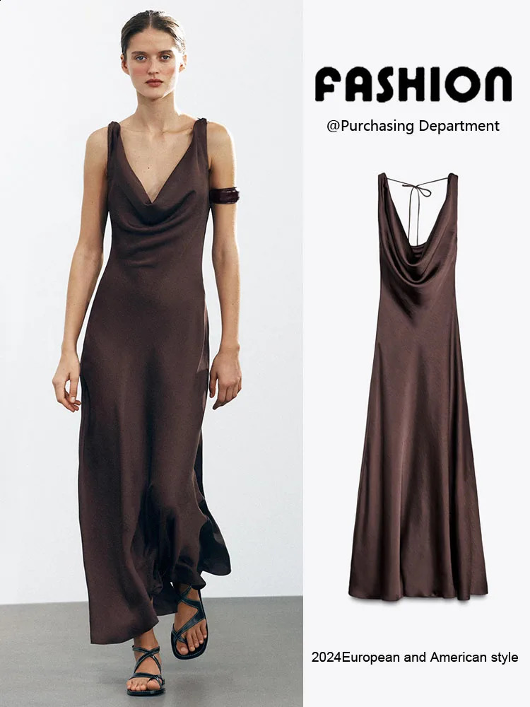 Sexy Backless Long Silk Satin Dress Summer Womens Fashion Sleeveless Waist Cinched VNeck ALine Gown Elegant Draped 260604BANJIA
