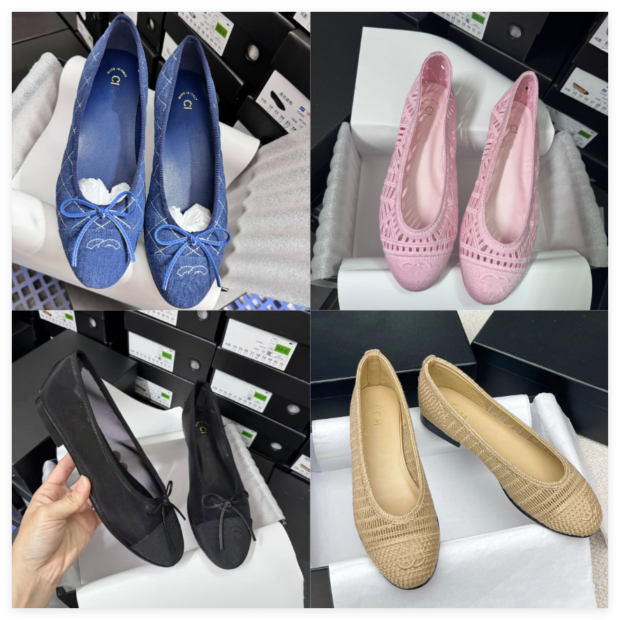 2027 Paris Ballet Flats Classic Shoes Women Basic Leather Tweed Cloth Two Color Splice Bow Round Ballet Shoe cc Fashion Luxury brand designer Flats