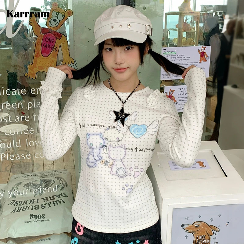 Karrram Japanese Y2k Anime Print Knitted Tops 2000s Aesthetics Long Sleeve T-shirt Cutecore Polka Dots Ribbed Tops Kawaii Cat 260604bj
