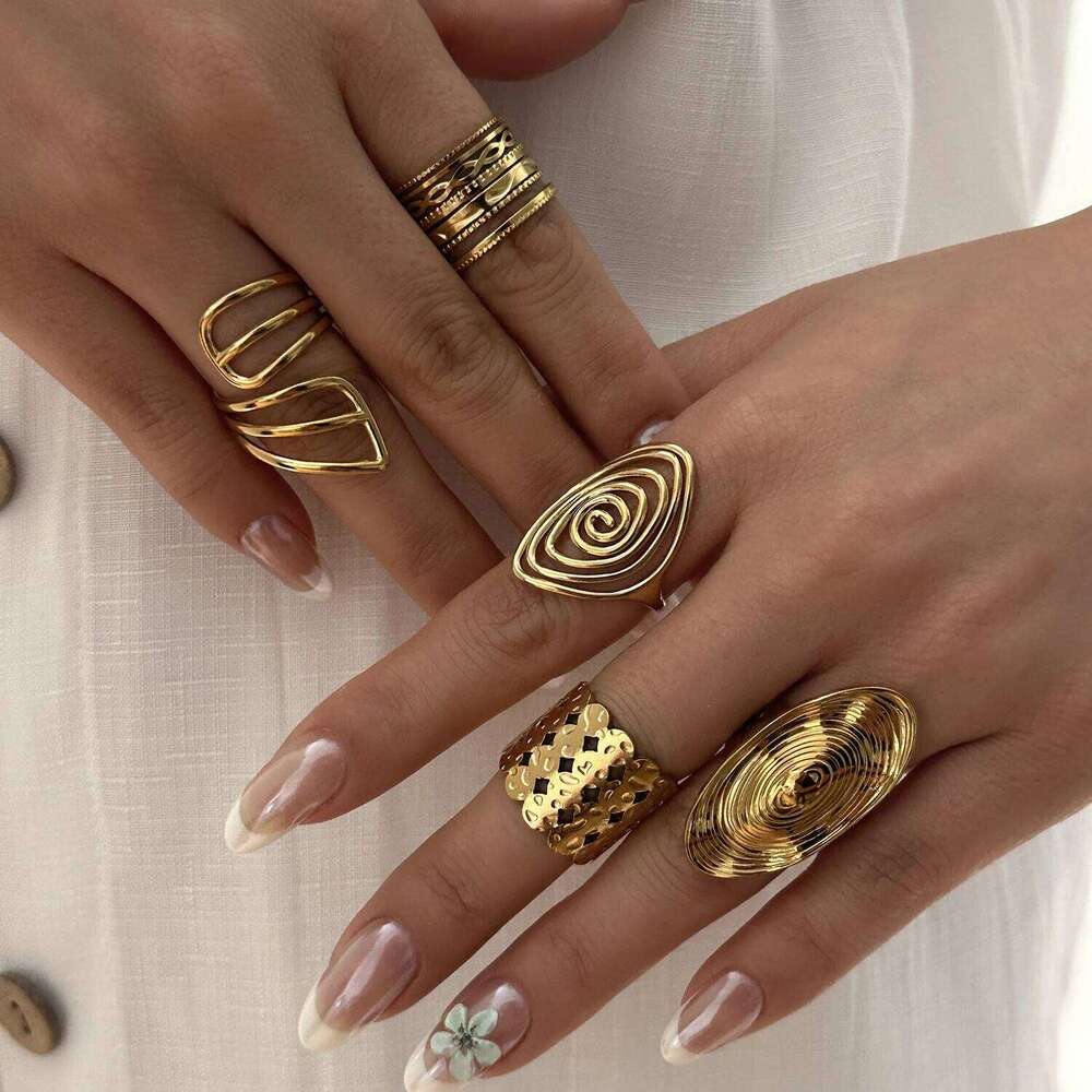 Stainless Steel Exggerated Geometric Set for Women Men Vintage Metal Spiral Line Adjustable Finger Ring Party Jewelry