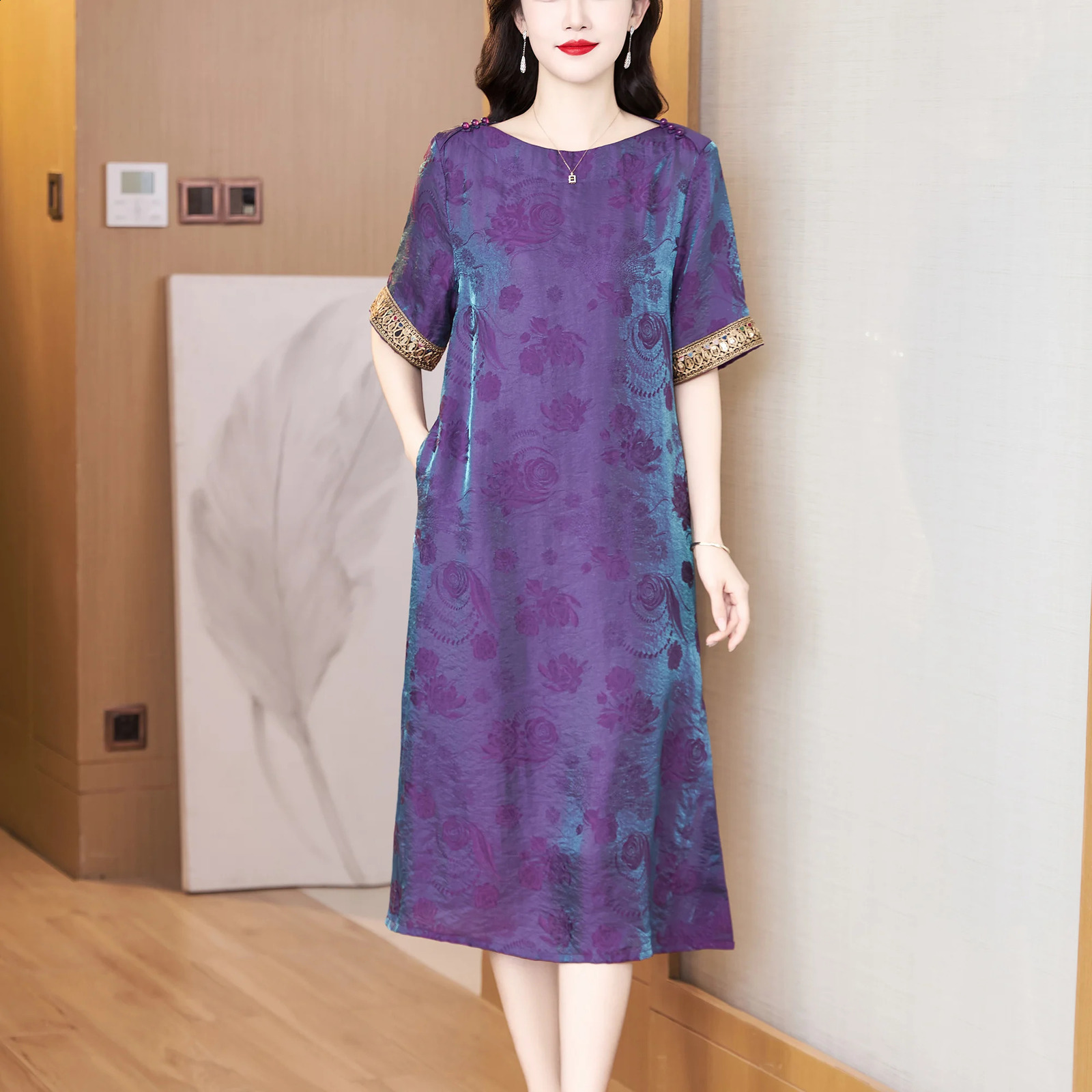 Summer y Jacquard Silk Satin Long Dres Korean Vintage Hepburn Loose 2025 Elegant Bodycon Bandage Prom 260604BANJIA