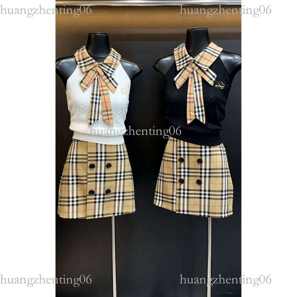 2026 new designer short skirt same style sleeveless plaid patchwork embroidered knit top + ruffled ballet mini skirt twopiece set