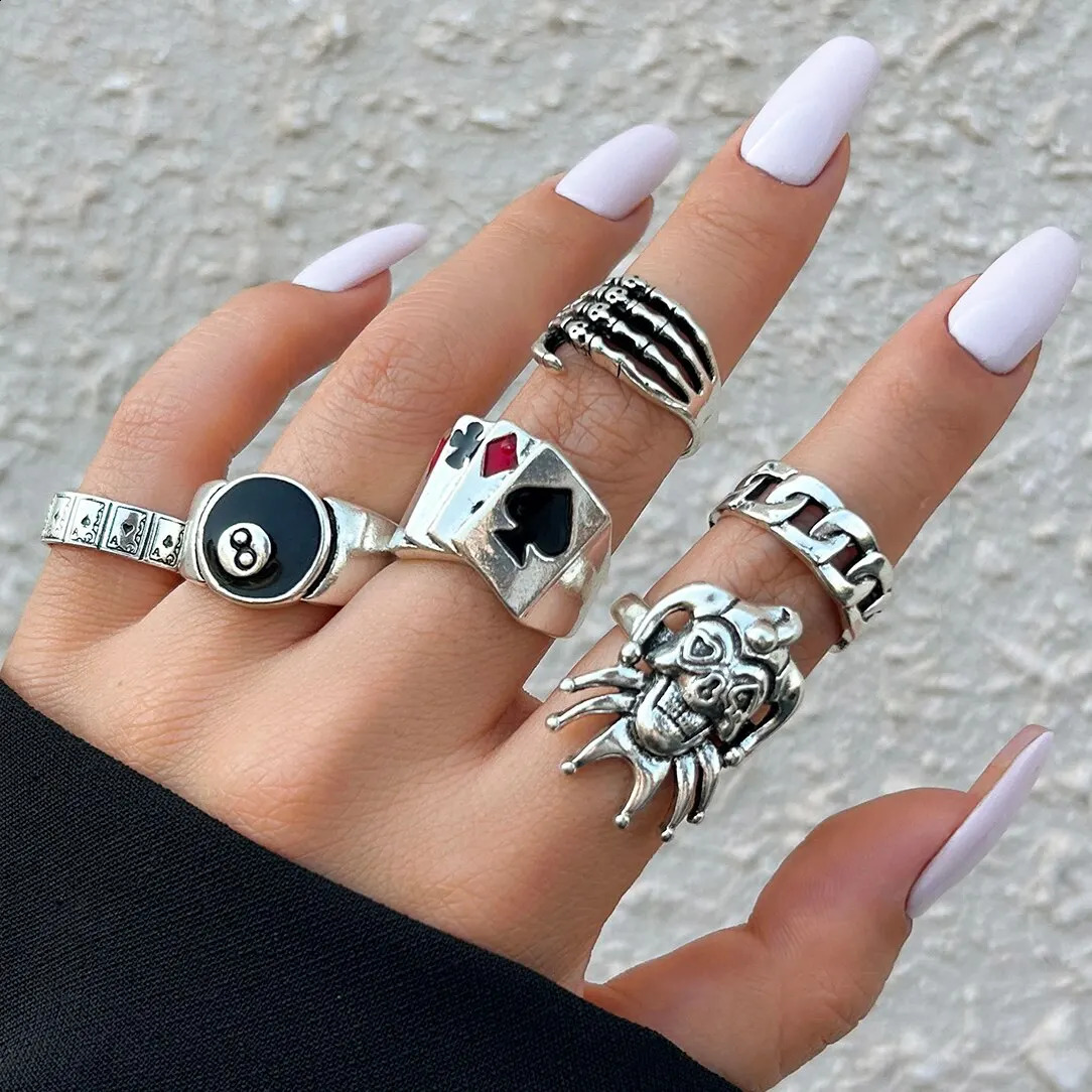 Hip Hop Vintage Skull Ghost Claw Poker Clown Ring Set for Women Hollow Geometric Size 8 Jewelry Steampunk Men 260605