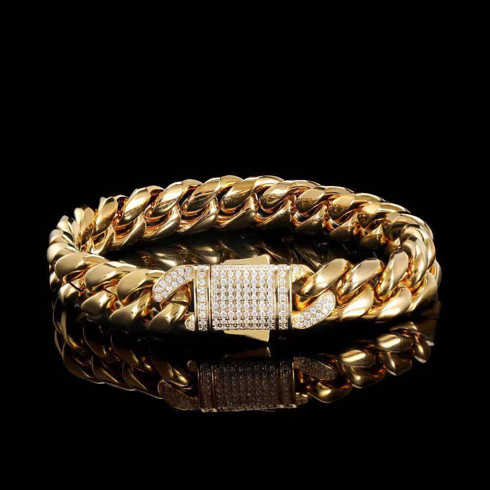 Hip Hop Men's 18K Gold Plated Stainless Steel Miami Cuban Chain 10mm 12mm Zircon Geometric Shape Bracelet