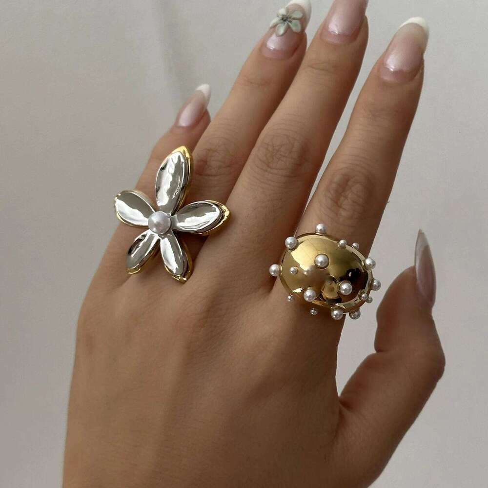 Unique Stainless Steel Pearls Flower for Women Men Punk Hip Hop Geometry Irregular Finger Rings Tarnish Resistant Jewelry