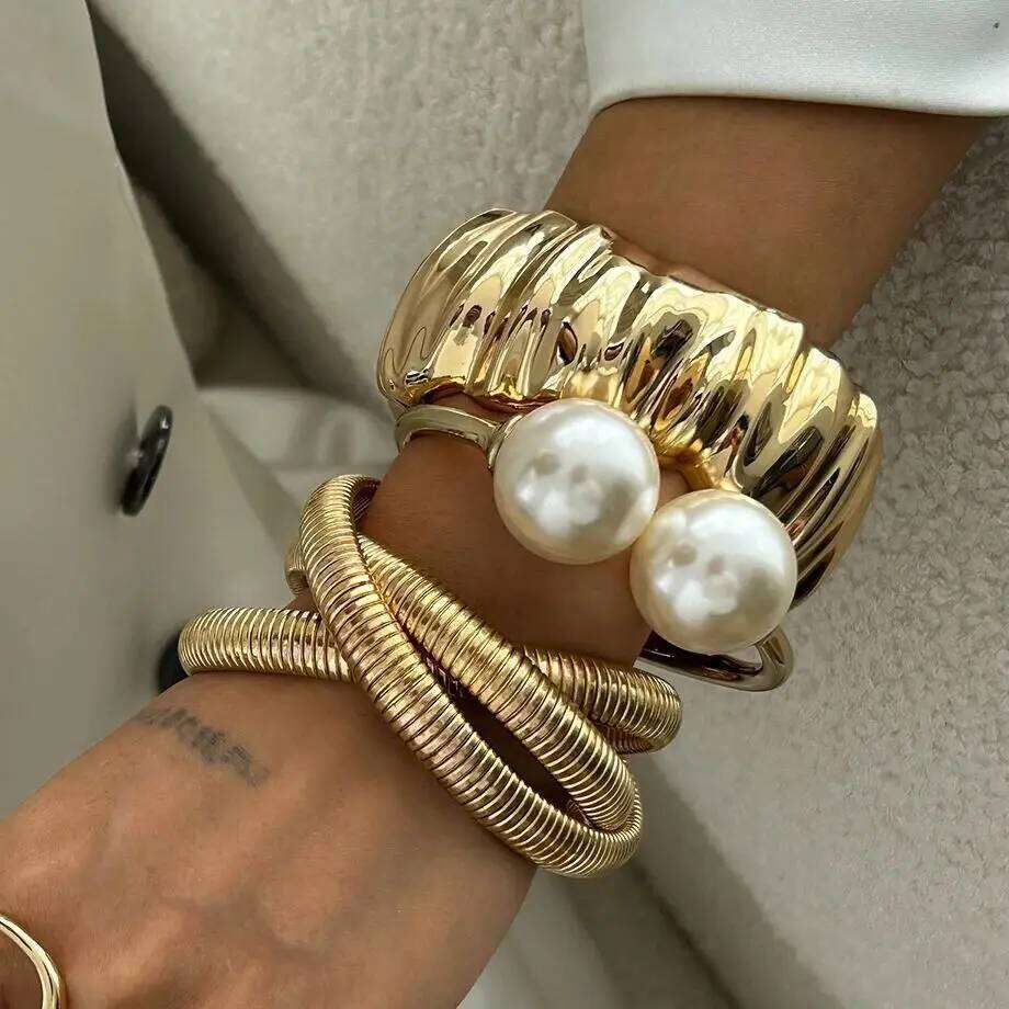 Lacteo Design Imitation Pearl Wide Open for Women Vintage Geometric Multilayer Spring Bangles Cuff Bracelets Men Jewelry