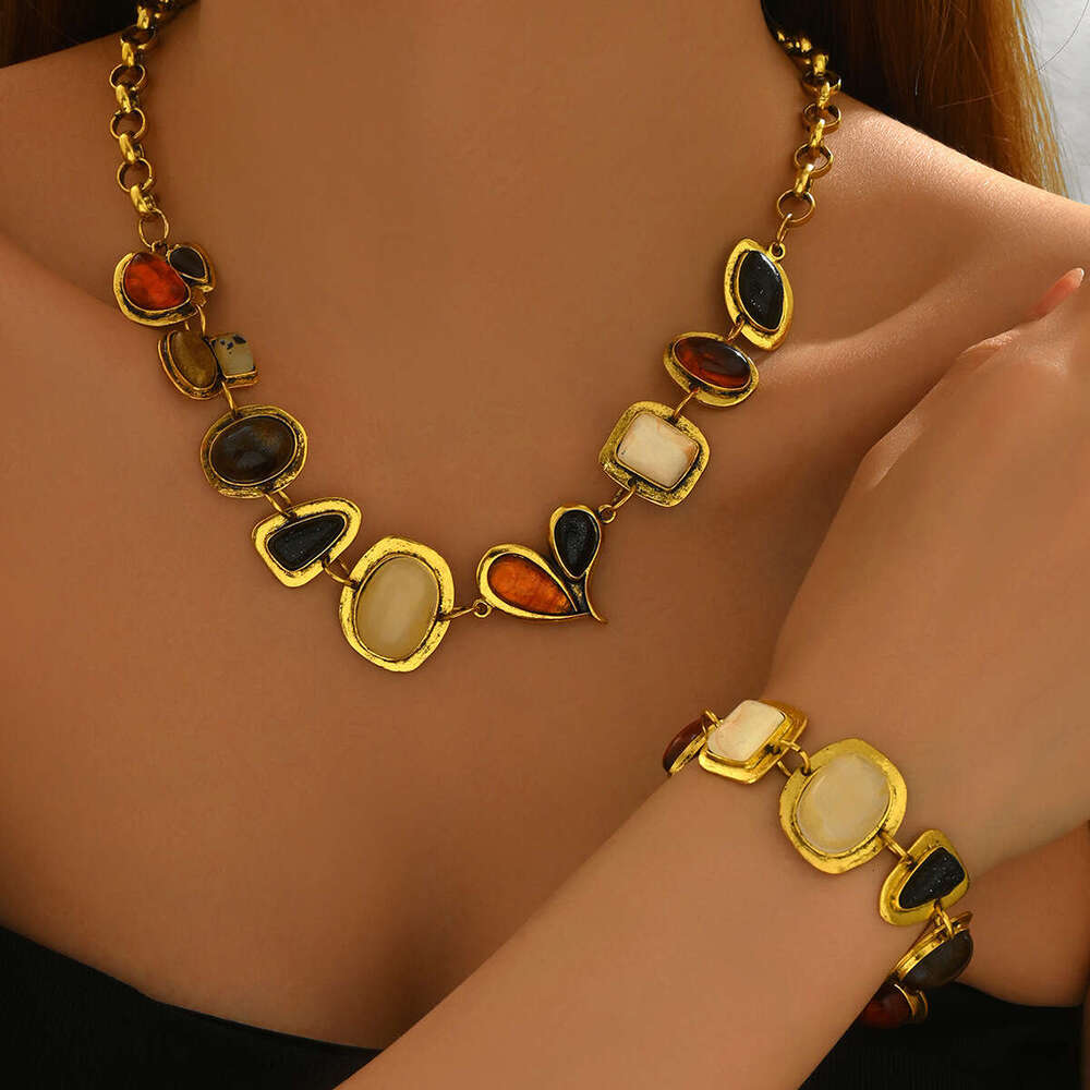 European American Style Vintage Gemstone Jewelry Set - Geometric Necklace & Bracelet, Gold Plated Statement Accessories for Daily & Party