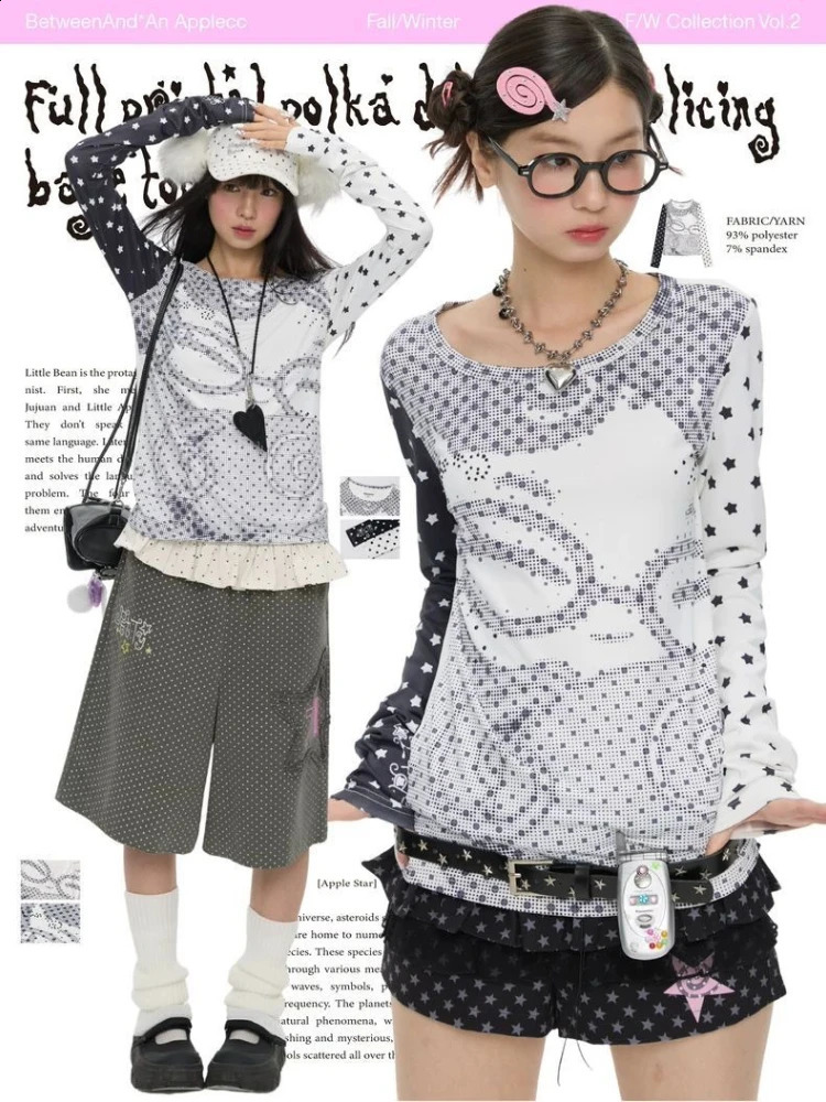 HOUZHOU Y2k Vintage Anime Juminocore Women T-Shirts Polka Dot Long Sleeve Japanese Harajuku Fashion Slim Tees Subculture Gyaru 260604bj