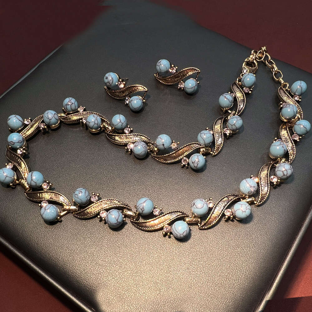 Vintage Turquoise Jewelry Set for Women - Gold Plated Necklace & Earrings, French Court Style High-End Versatile Accessories